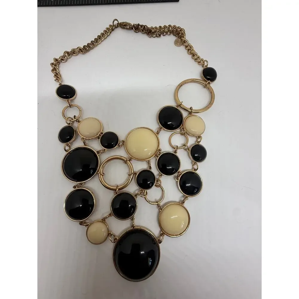 R.J. Graziano Black Cream Statement Necklace Gold Tone Chunky Bib Signed Jewelry